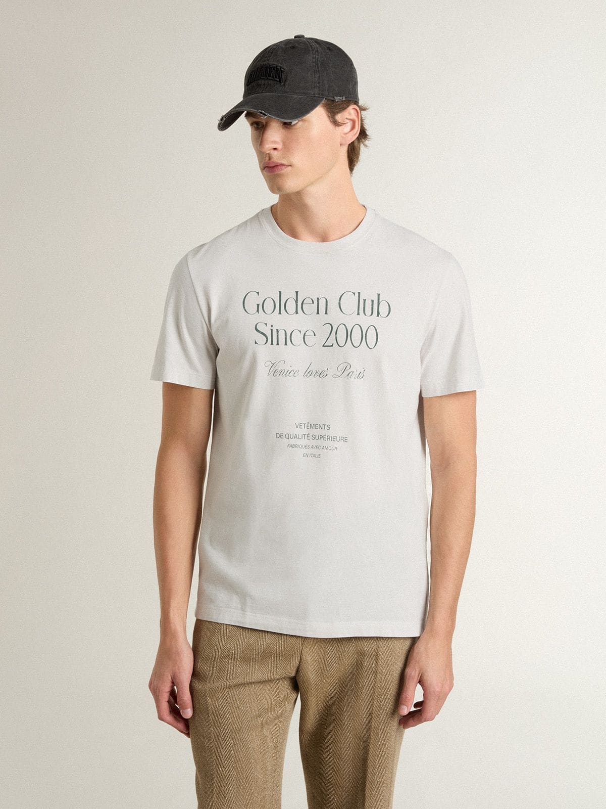 Men's white cotton T-shirt with green print - Golden Goose Men