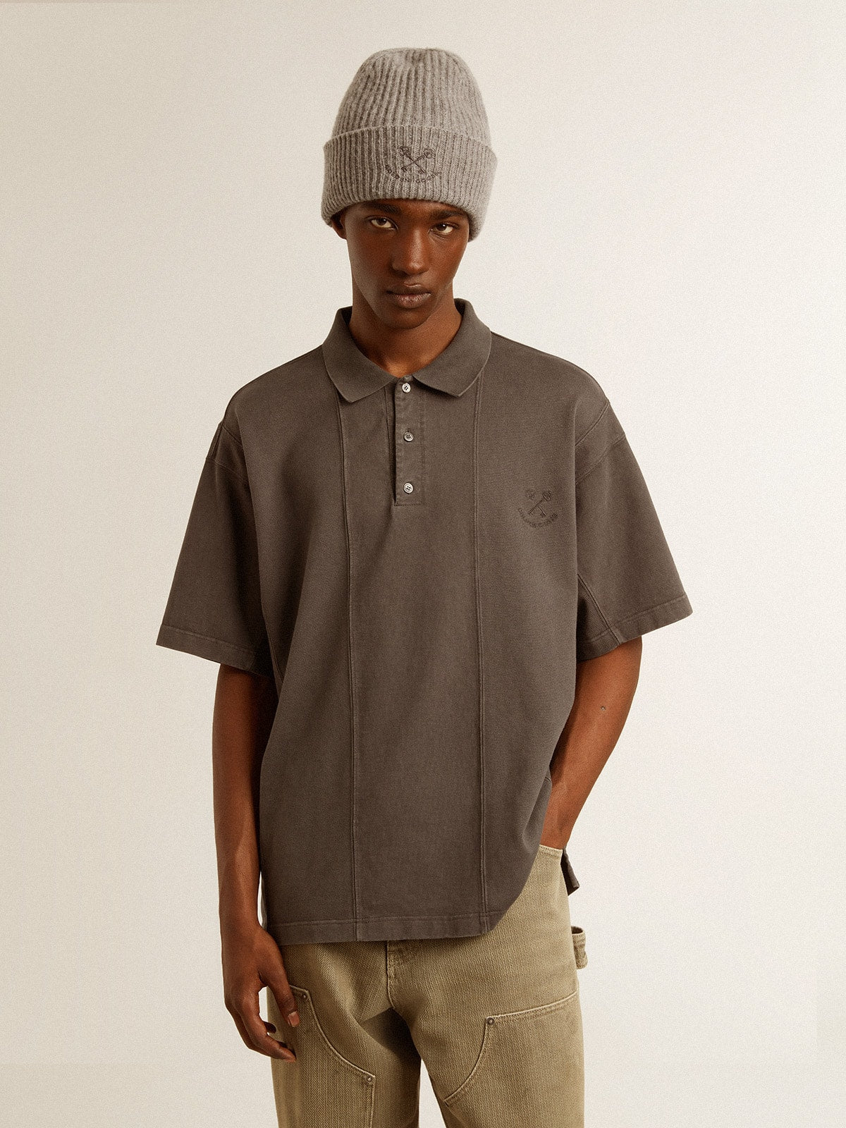 Men's cotton polo shirt in anthracite gray with embroidery - Golden Goose Men