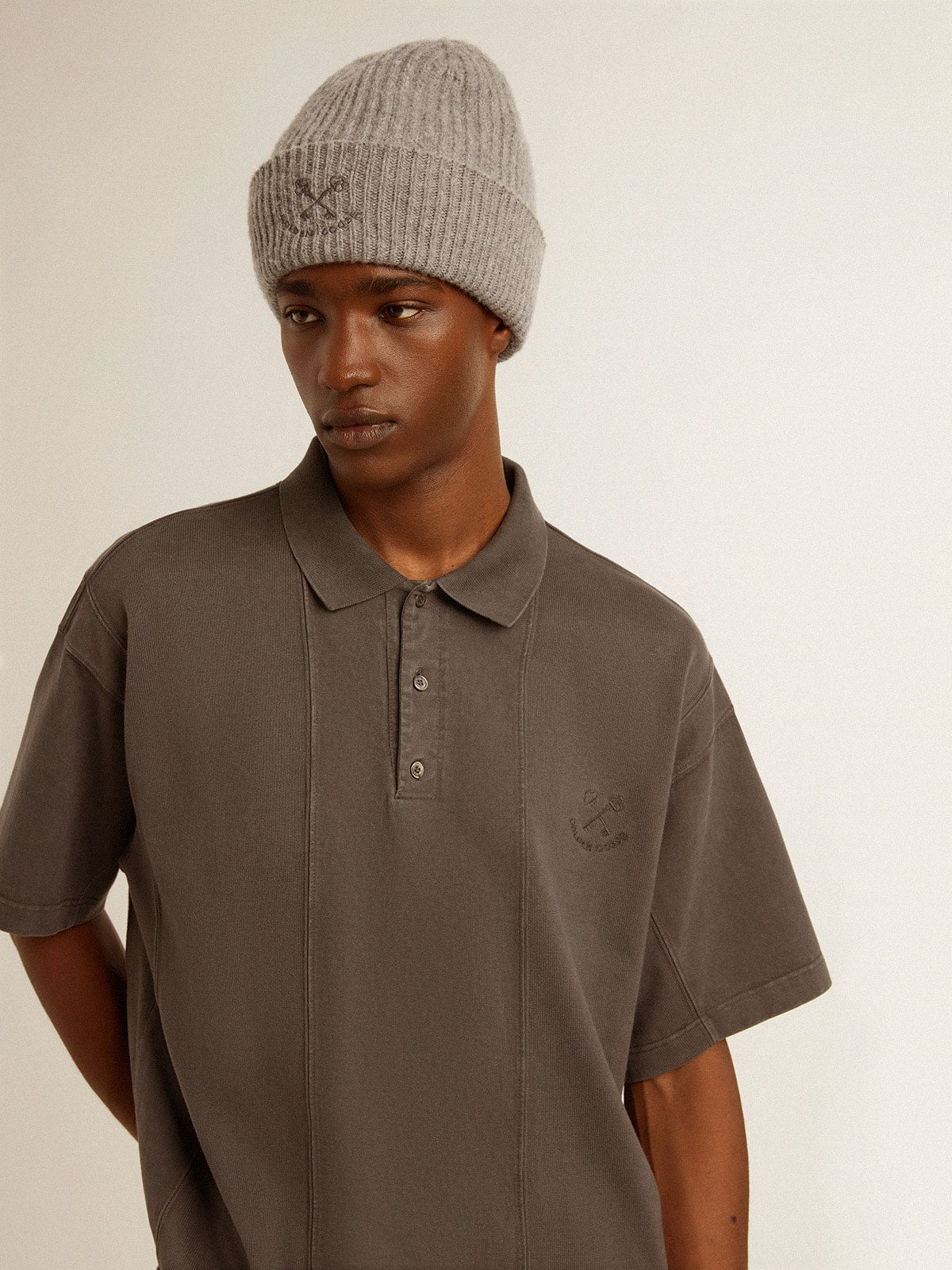 Men's cotton polo shirt in anthracite gray with embroidery - Golden Goose Men