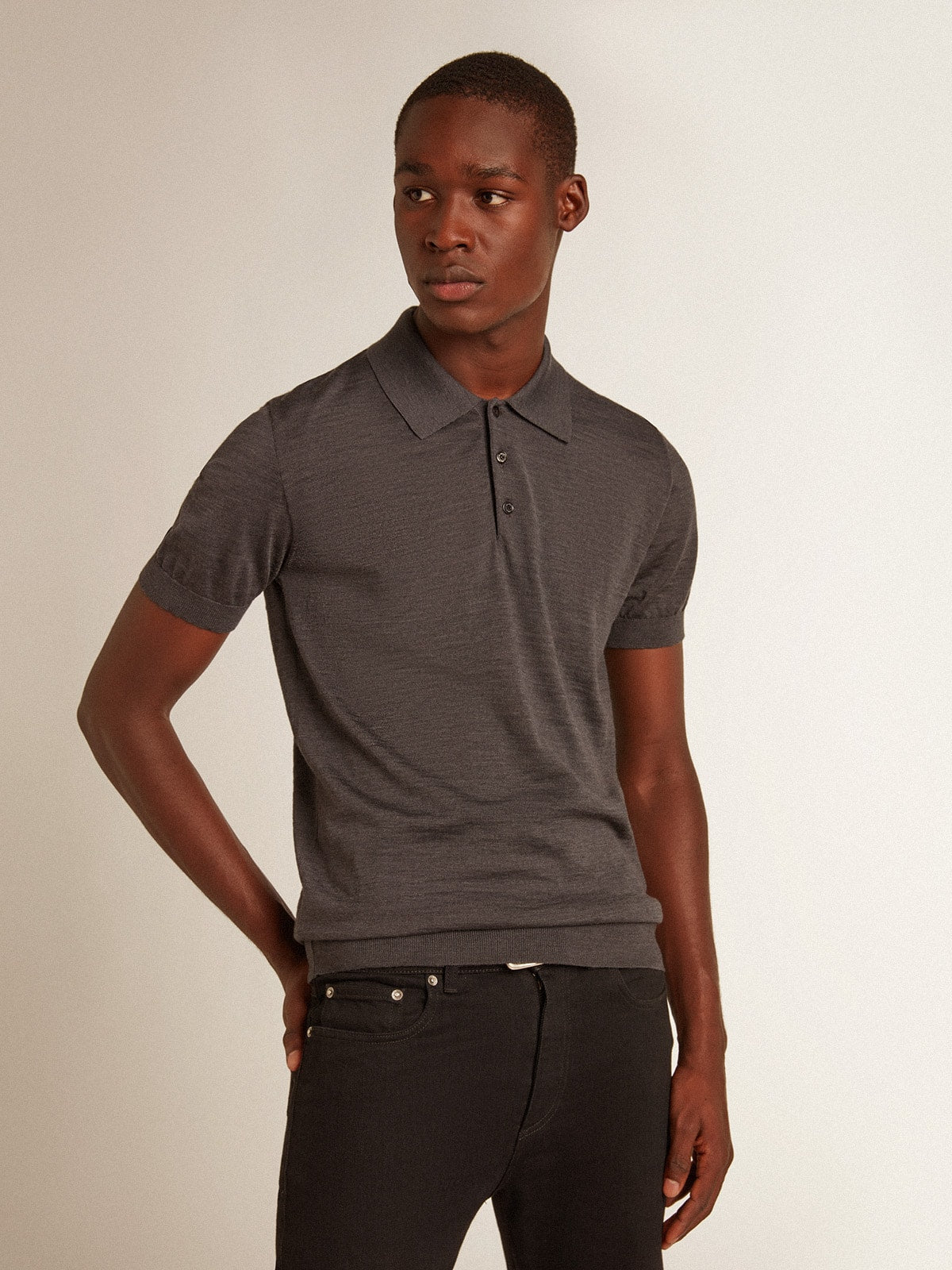 Men’s short-sleeved polo shirt in gray merino wool - Golden Goose Men