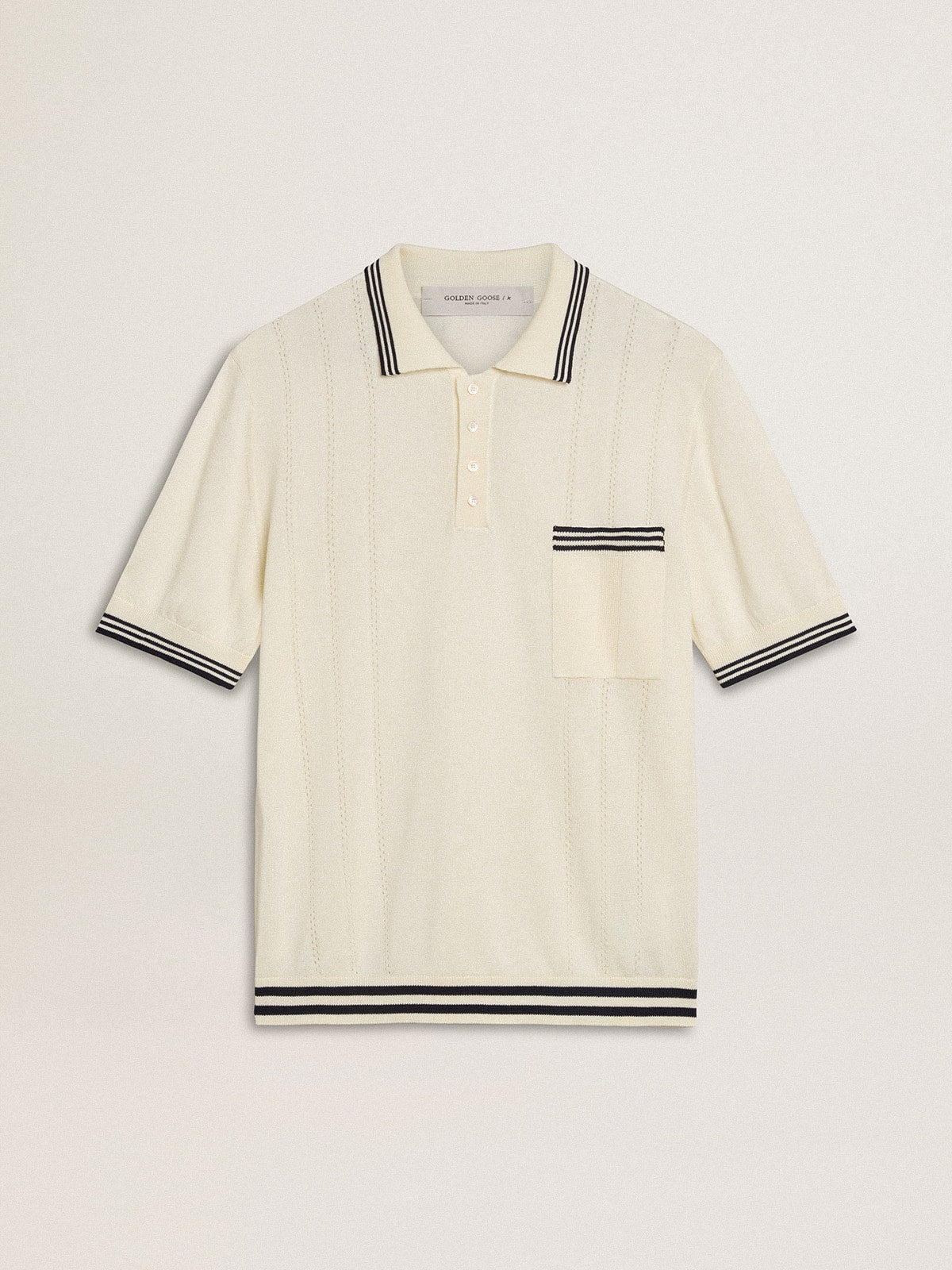 Men's worn-white knitted polo shirt with blue ribbing - Golden Goose Men