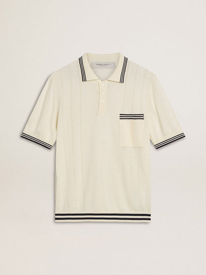 Men's worn-white knitted polo shirt with blue ribbing - Golden Goose Men
