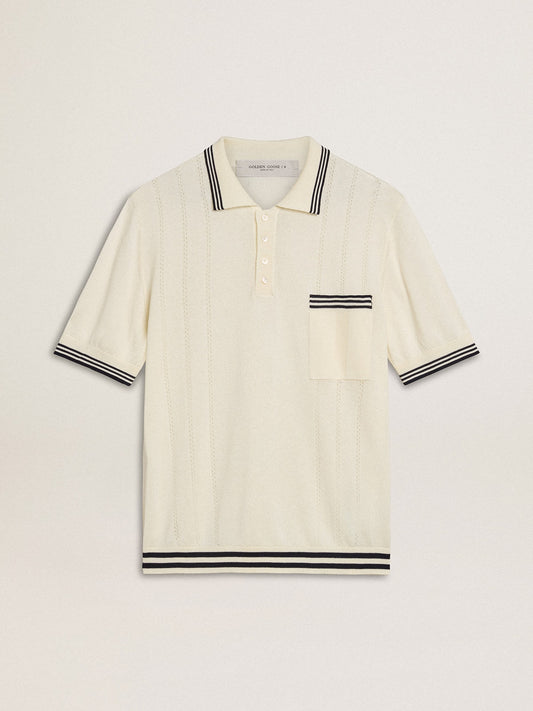 Men's worn-white knitted polo shirt with blue ribbing - Golden Goose Men