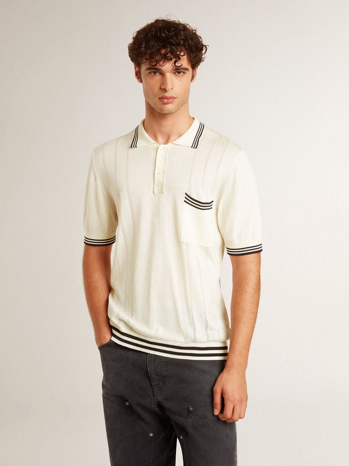 Men's worn-white knitted polo shirt with blue ribbing - Golden Goose Men