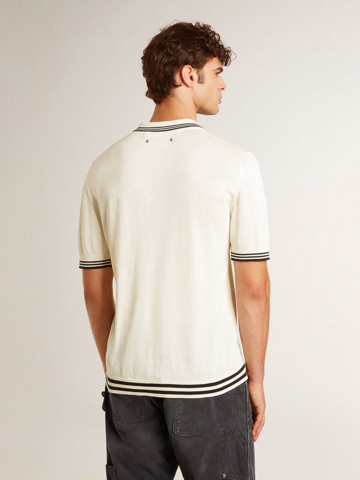 Men's worn-white knitted polo shirt with blue ribbing - Golden Goose Men
