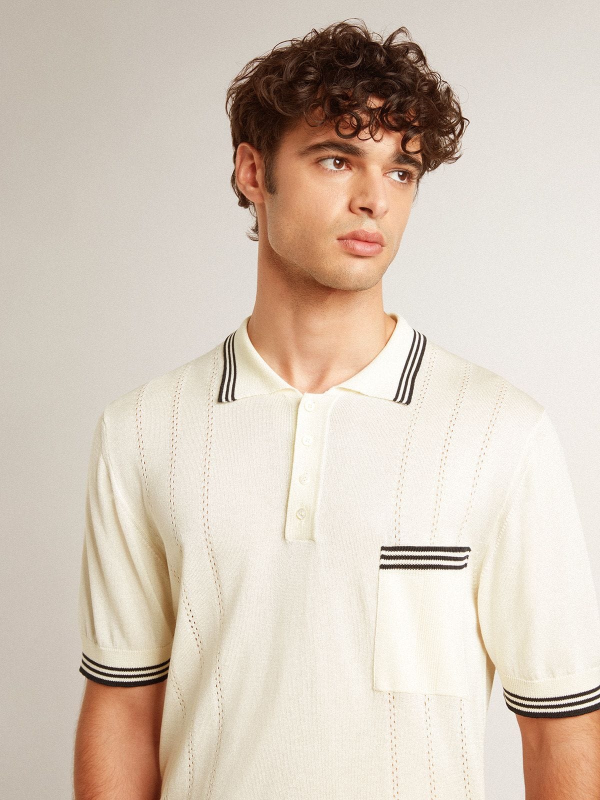 Men's worn-white knitted polo shirt with blue ribbing - Golden Goose Men
