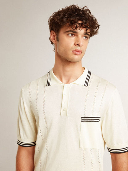 Men's worn-white knitted polo shirt with blue ribbing - Golden Goose Men