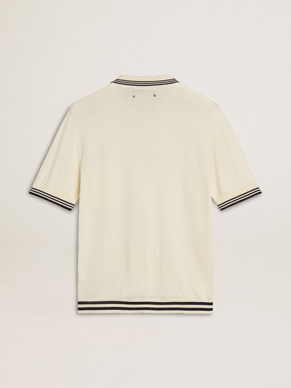 Men's worn-white knitted polo shirt with blue ribbing - Golden Goose Men