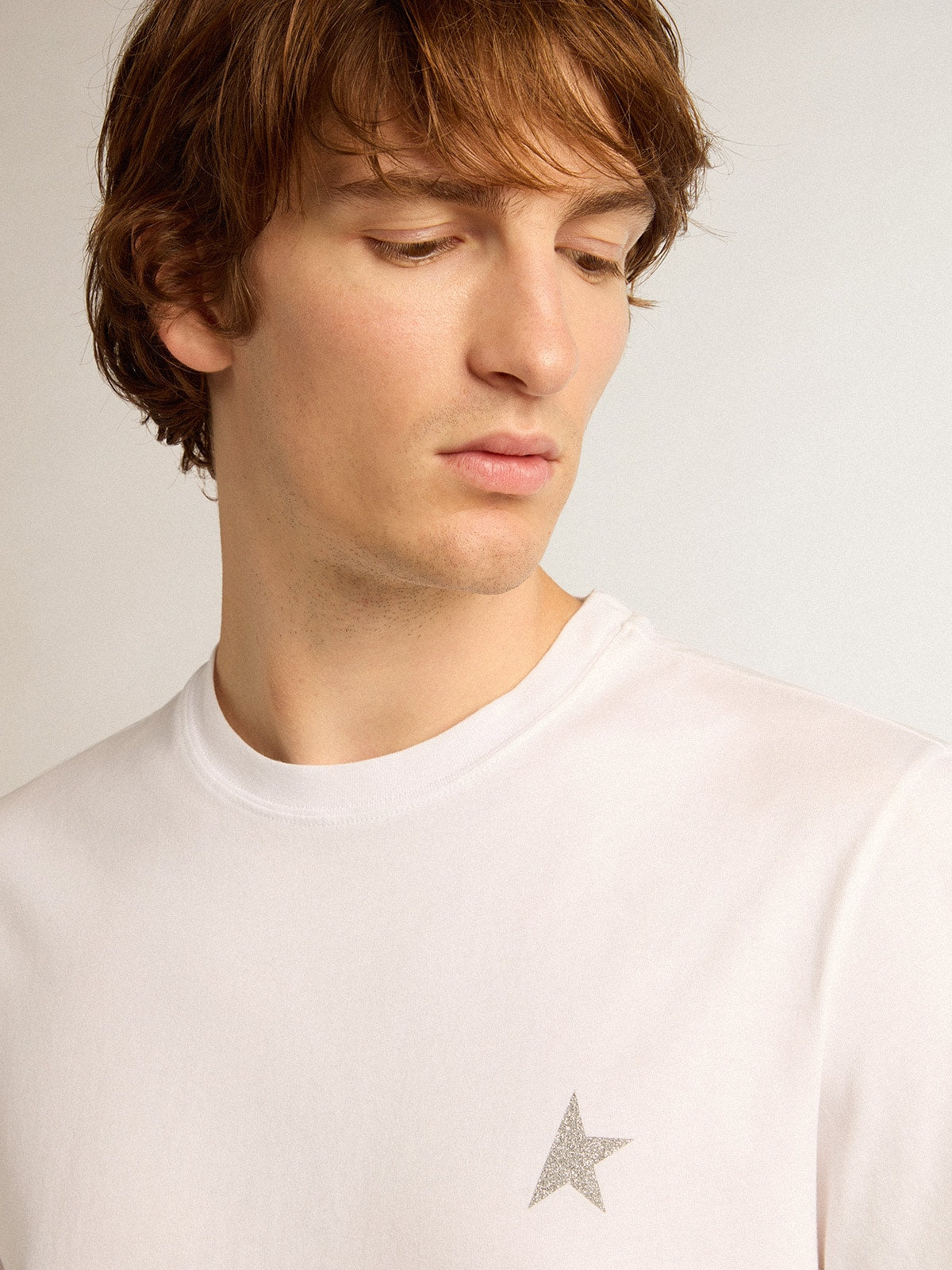 Men's white T-shirt with silver glitter star on the front - Golden Goose Men