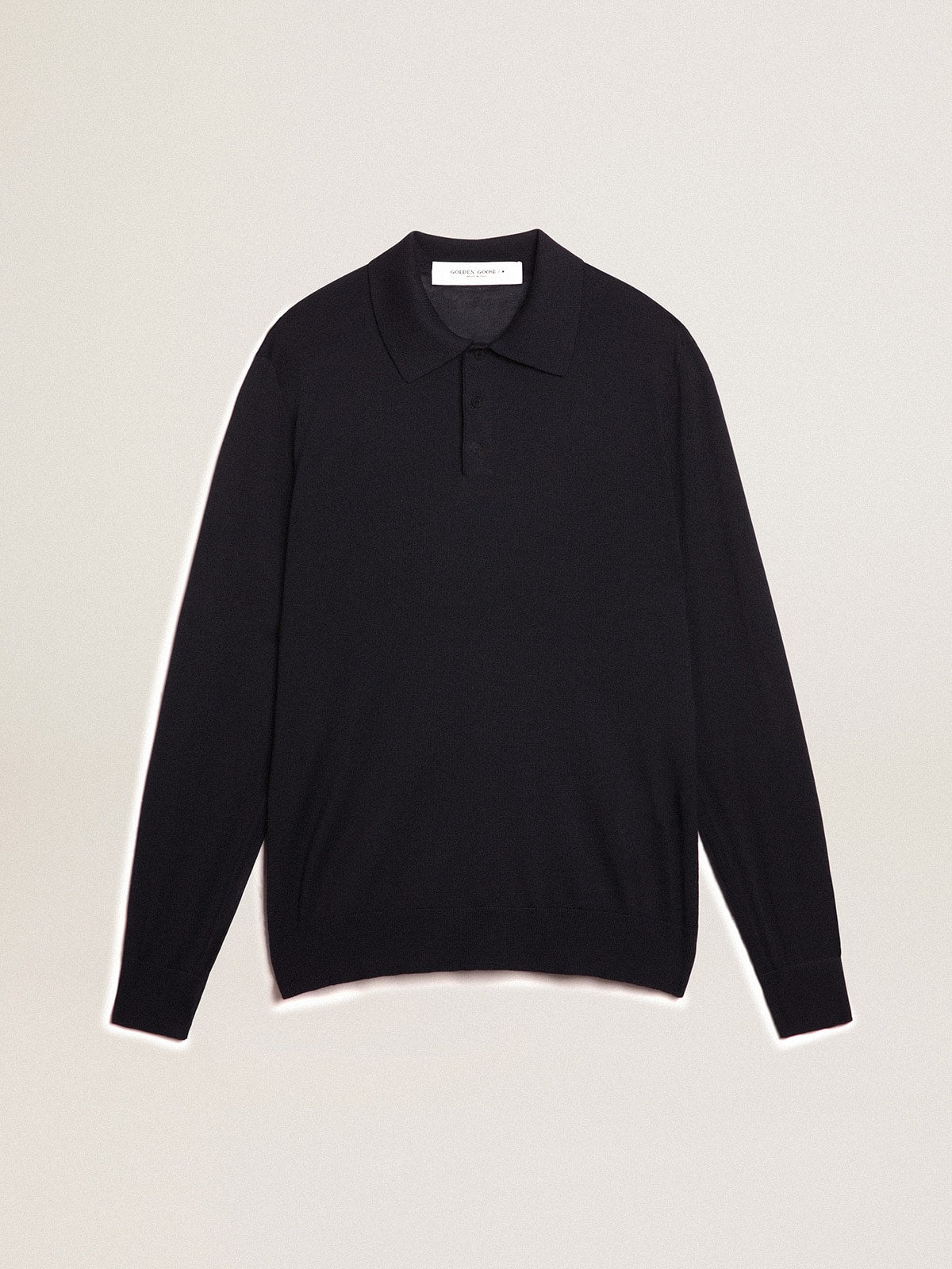 Men’s long-sleeved polo shirt in navy-blue merino wool - Golden Goose Men