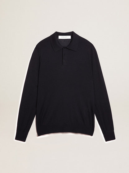 Men’s long-sleeved polo shirt in navy-blue merino wool - Golden Goose Men