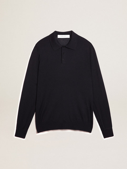 Men’s long-sleeved polo shirt in navy-blue merino wool - Golden Goose Men