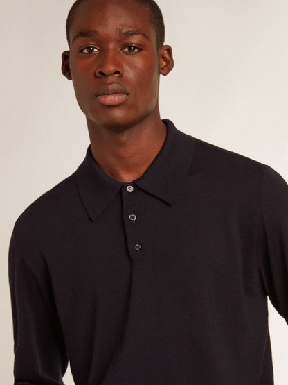 Men’s long-sleeved polo shirt in navy-blue merino wool - Golden Goose Men