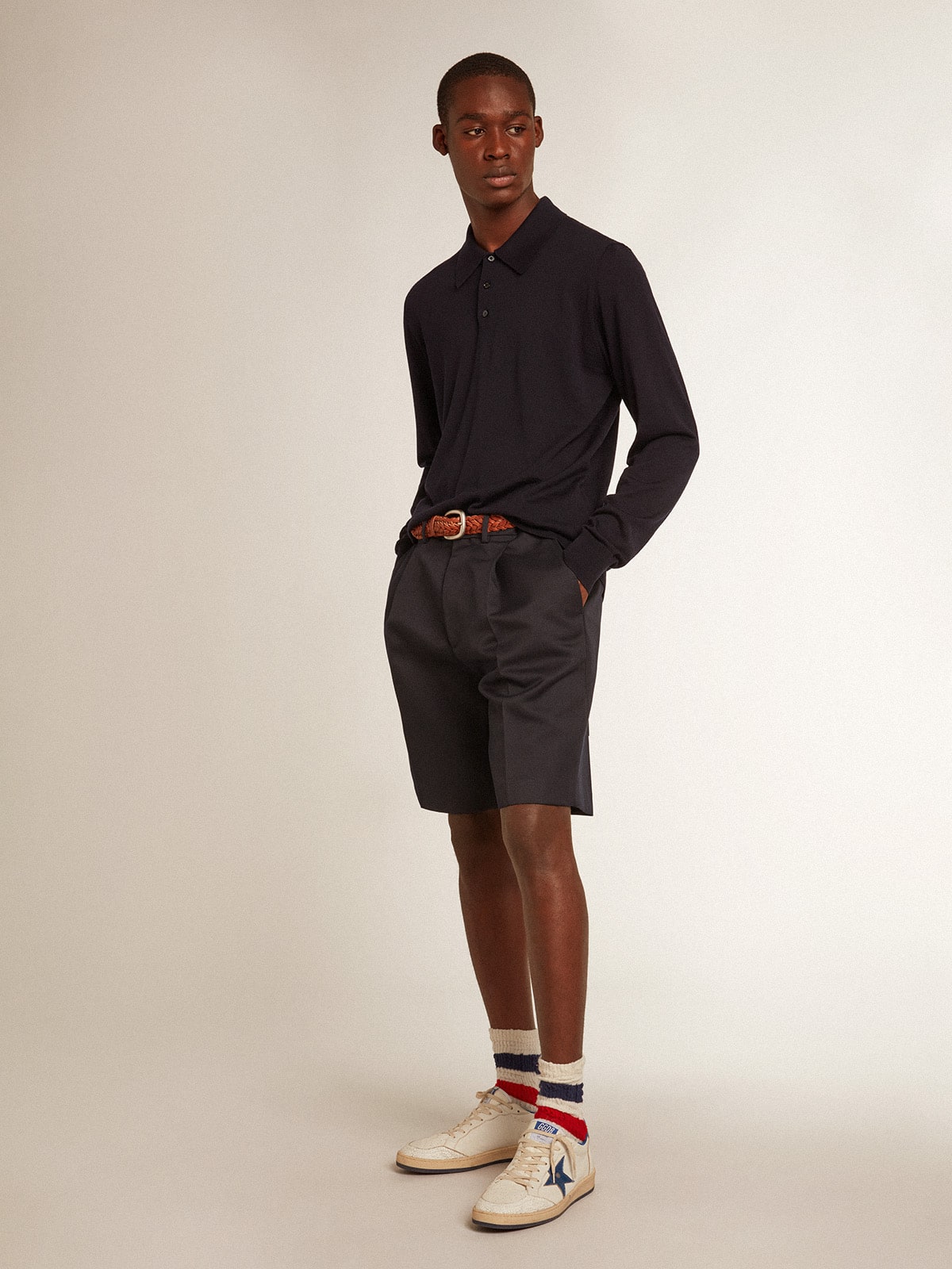 Men’s long-sleeved polo shirt in navy-blue merino wool - Golden Goose Men