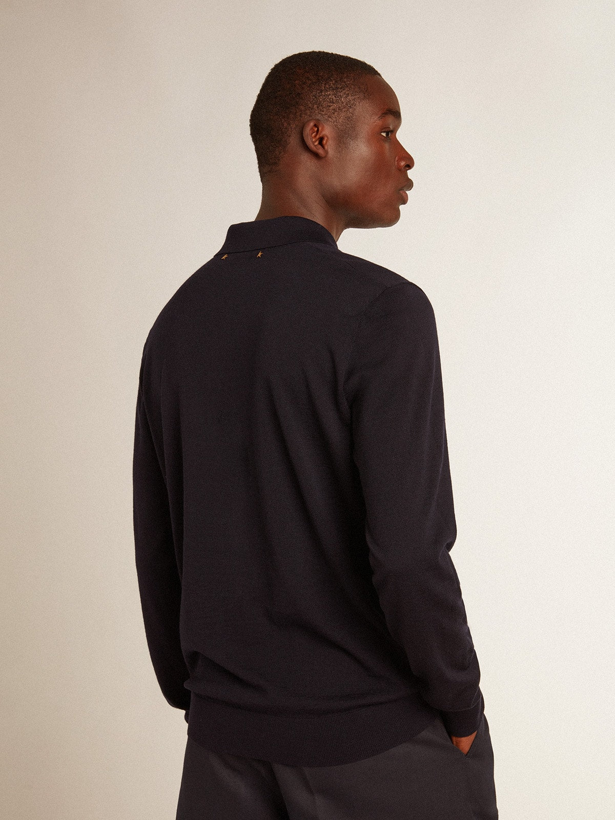 Men’s long-sleeved polo shirt in navy-blue merino wool - Golden Goose Men