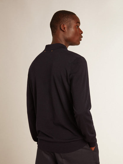 Men’s long-sleeved polo shirt in navy-blue merino wool - Golden Goose Men