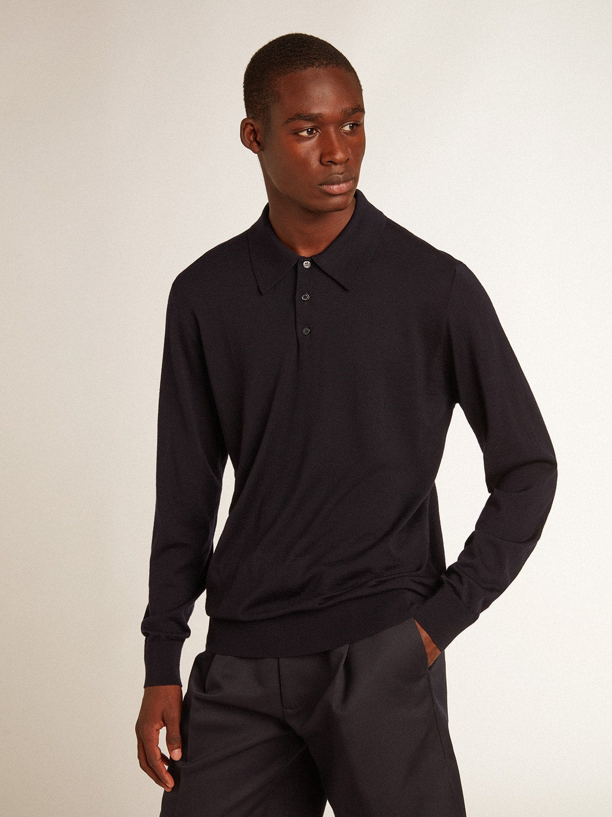 Men’s long-sleeved polo shirt in navy-blue merino wool - Golden Goose Men