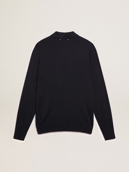 Men’s long-sleeved polo shirt in navy-blue merino wool - Golden Goose Men
