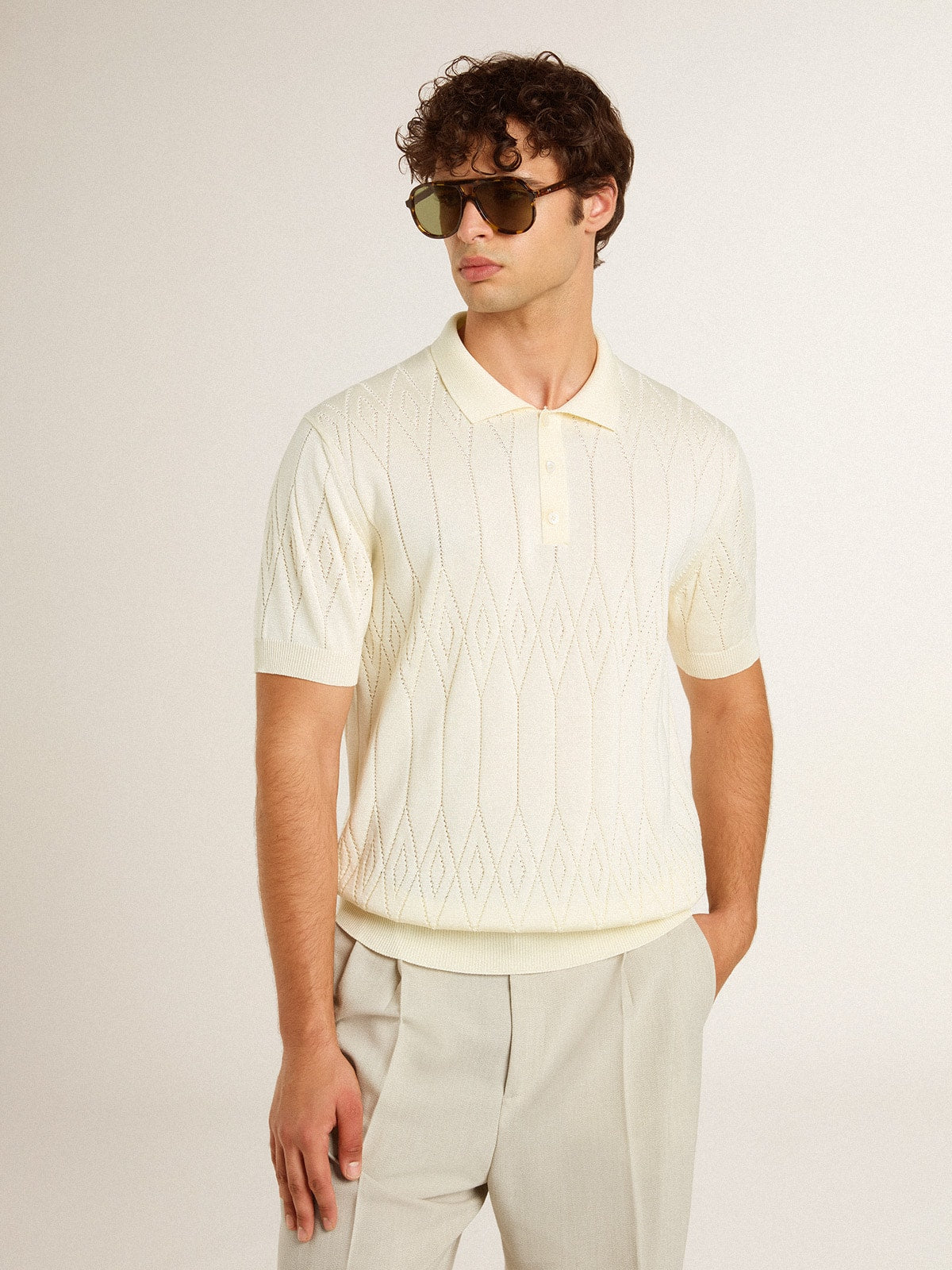 Men's white jacquard knit polo shirt - Golden Goose Men