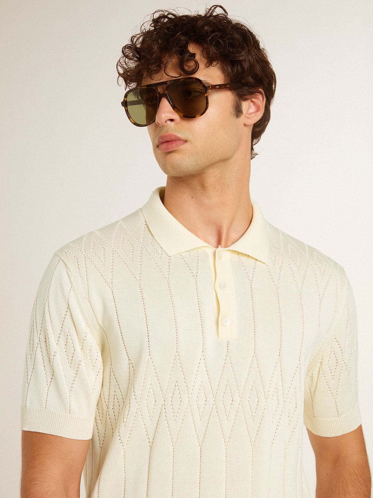 Men's white jacquard knit polo shirt - Golden Goose Men