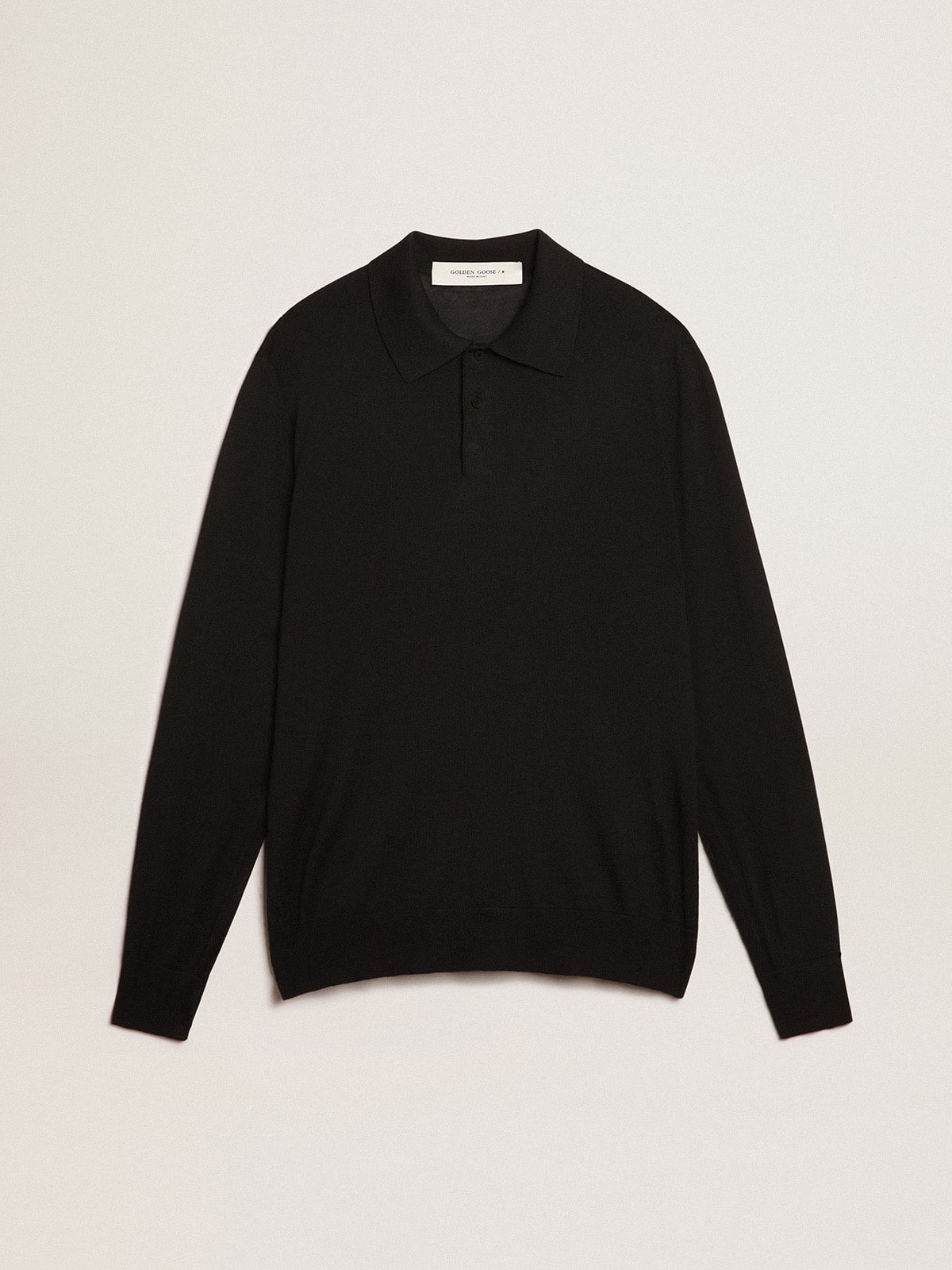 Men’s long-sleeved polo shirt in black merino wool - Golden Goose Men