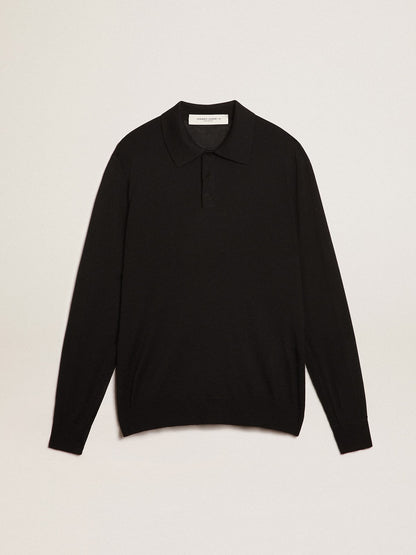 Men’s long-sleeved polo shirt in black merino wool - Golden Goose Men