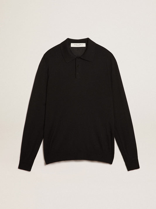 Men’s long-sleeved polo shirt in black merino wool - Golden Goose Men