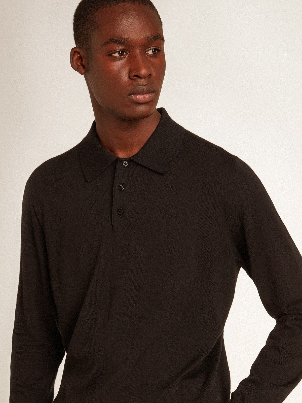 Men’s long-sleeved polo shirt in black merino wool - Golden Goose Men