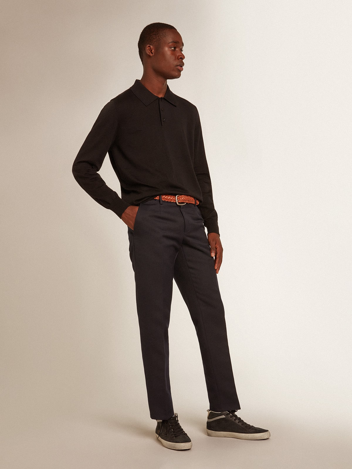 Men’s long-sleeved polo shirt in black merino wool - Golden Goose Men