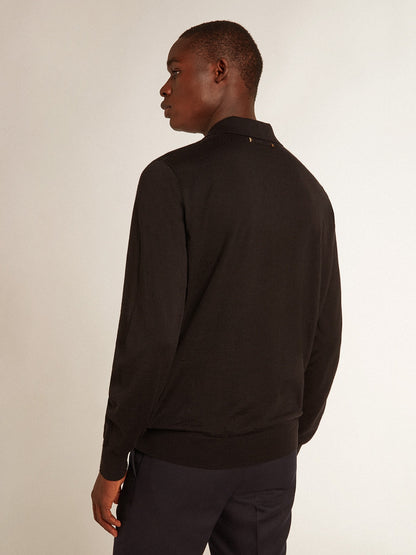 Men’s long-sleeved polo shirt in black merino wool - Golden Goose Men