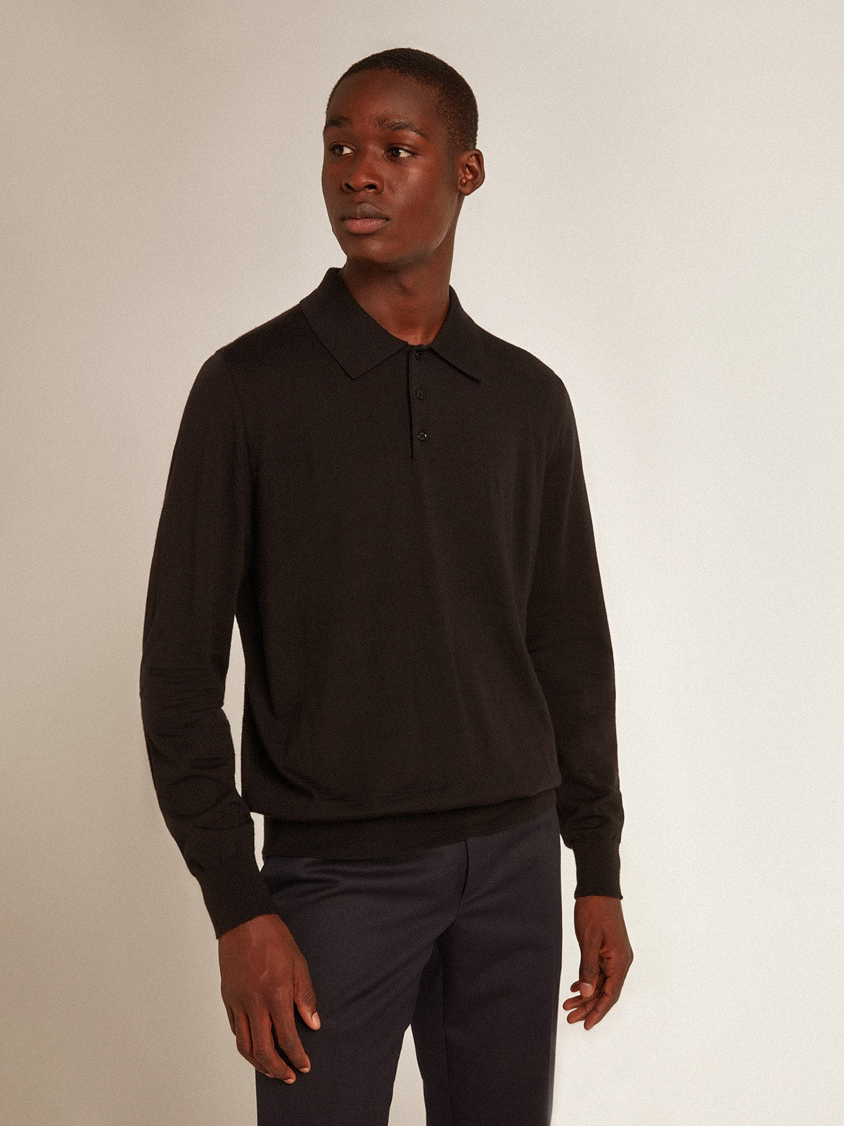 Men’s long-sleeved polo shirt in black merino wool - Golden Goose Men