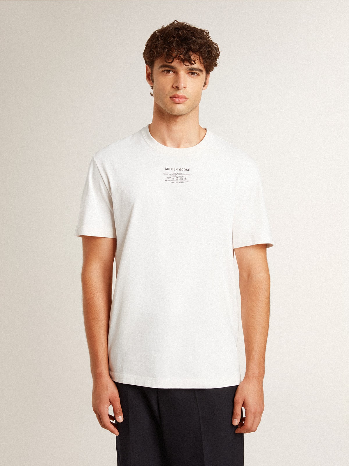 Men's worn-white cotton T-shirt with black lettering - Golden Goose Men