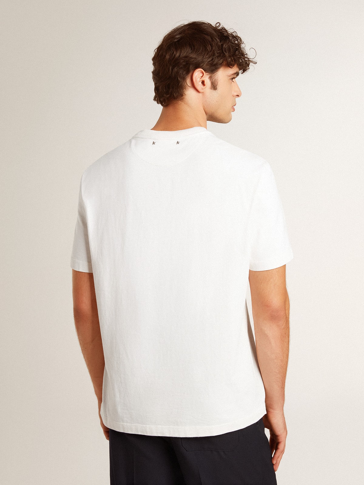 Men's worn-white cotton T-shirt with black lettering - Golden Goose Men