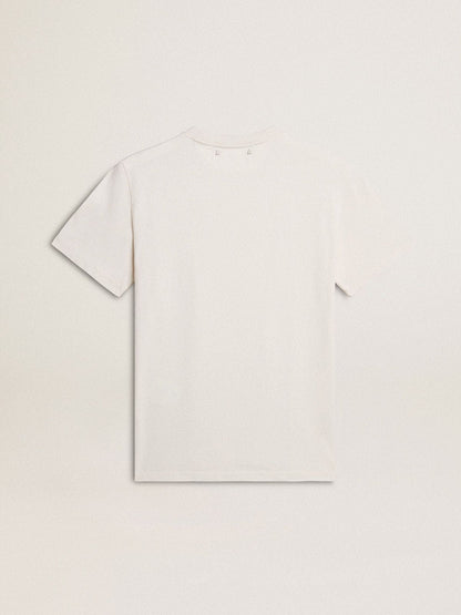 Men's worn-white cotton T-shirt with black lettering - Golden Goose Men