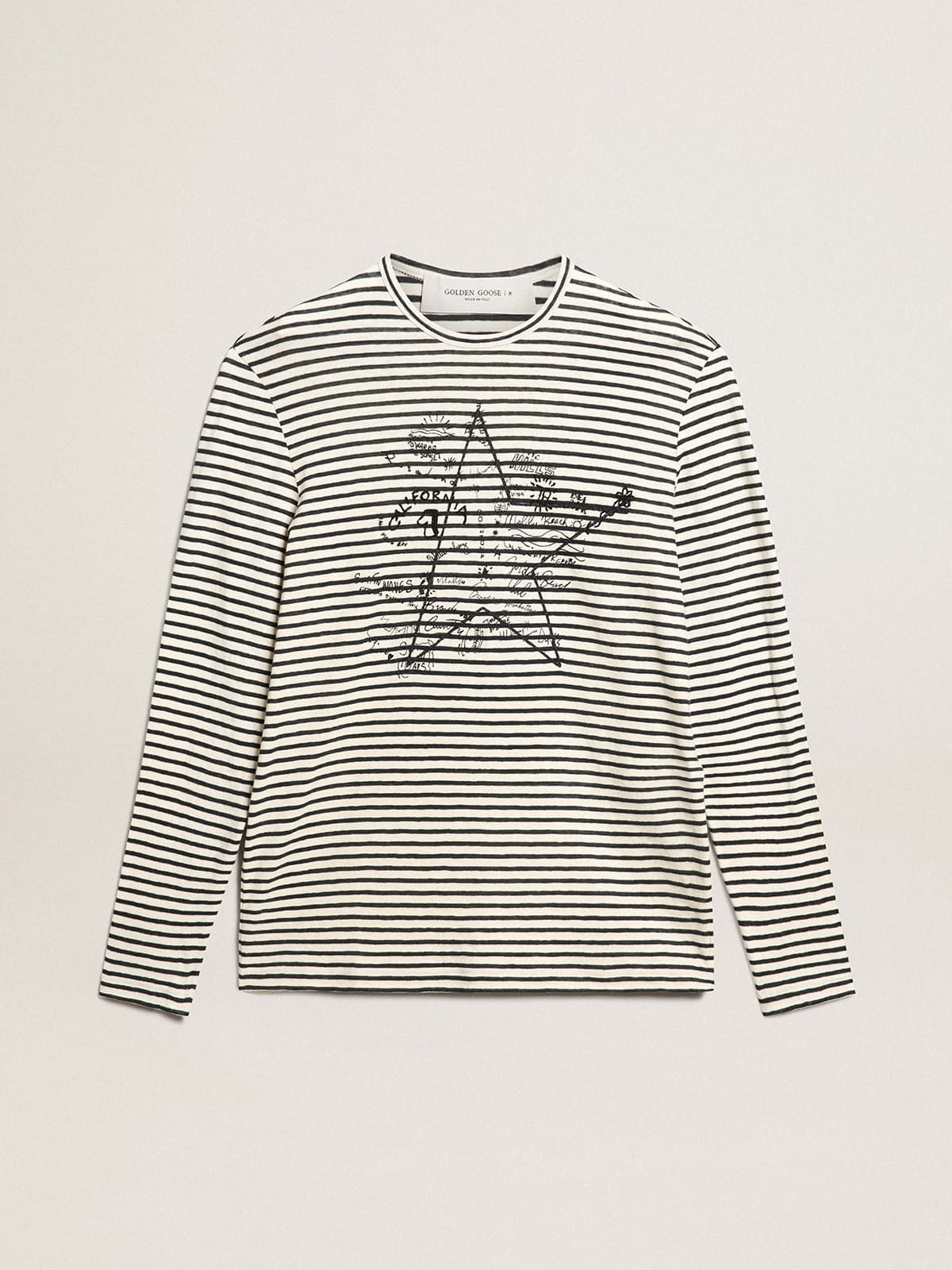 Men's T-shirt with white and blue stripes and embroidery on the front - Golden Goose Men