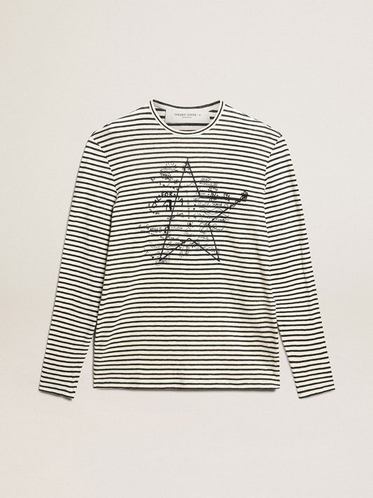 Men's T-shirt with white and blue stripes and embroidery on the front - Golden Goose Men