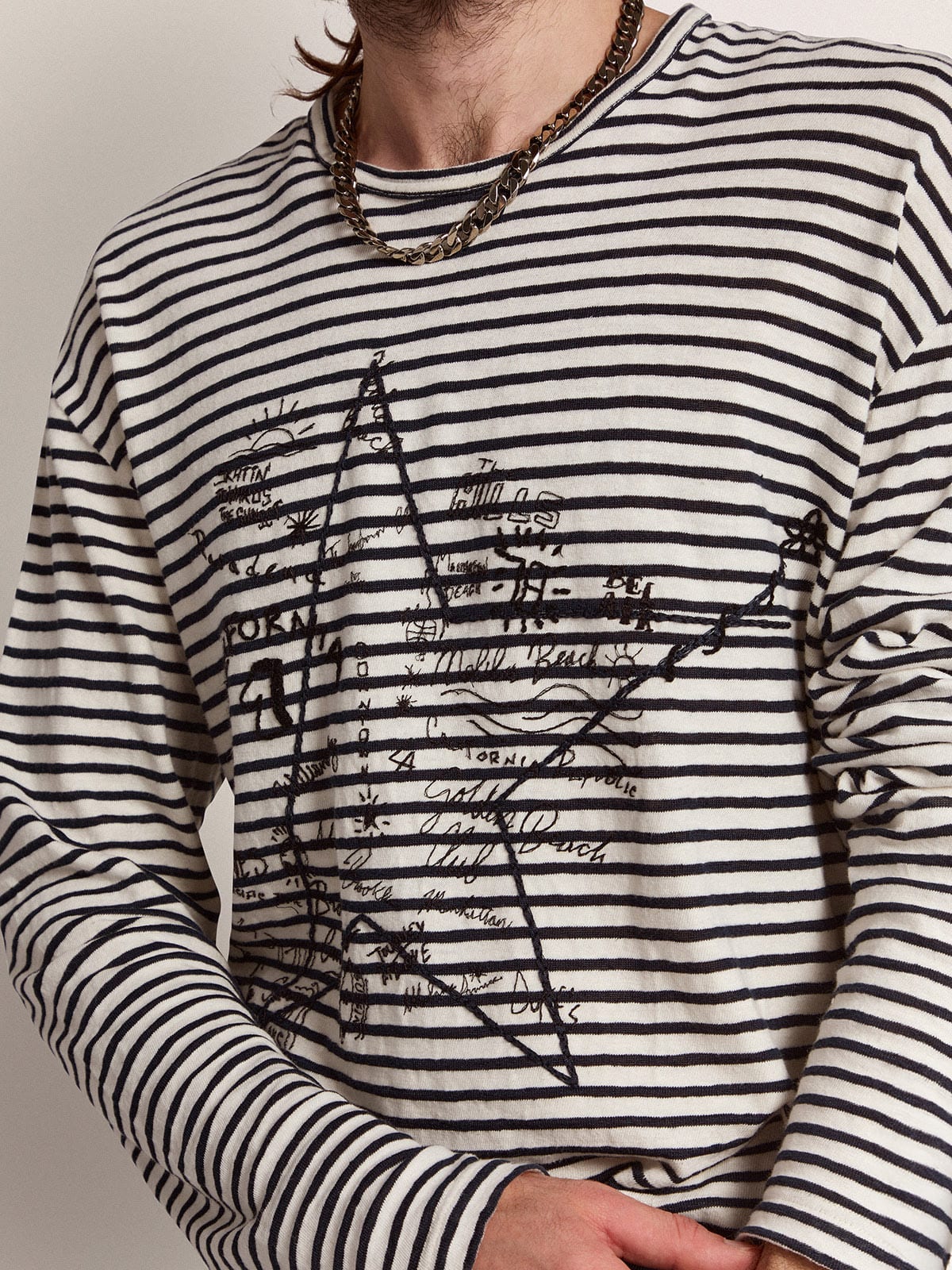 Men's T-shirt with white and blue stripes and embroidery on the front - Golden Goose Men