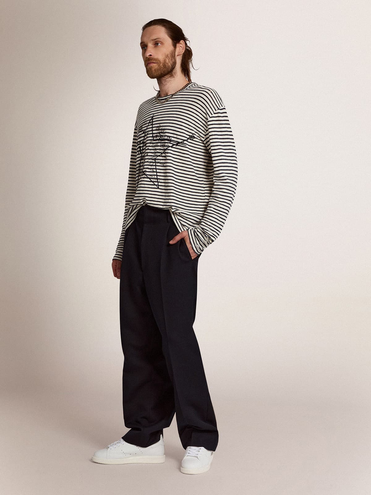 Men's T-shirt with white and blue stripes and embroidery on the front - Golden Goose Men