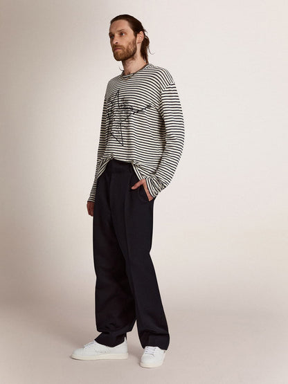 Men's T-shirt with white and blue stripes and embroidery on the front - Golden Goose Men