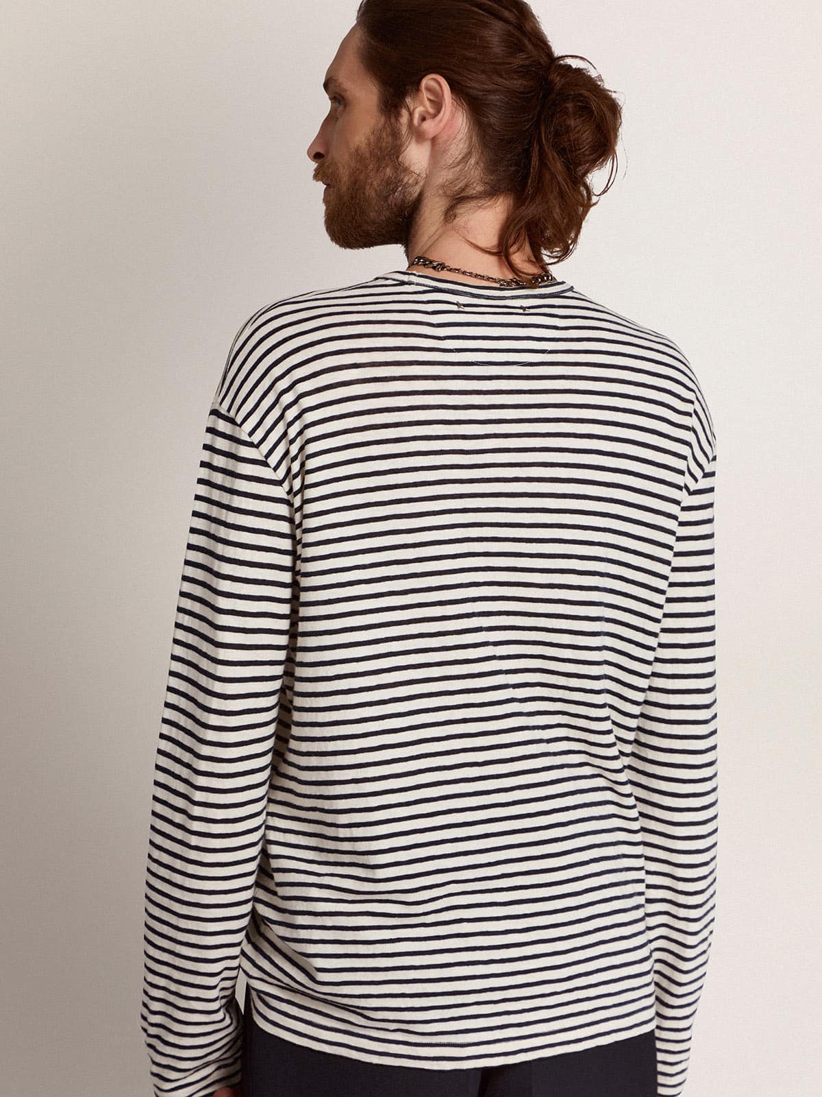 Men's T-shirt with white and blue stripes and embroidery on the front - Golden Goose Men