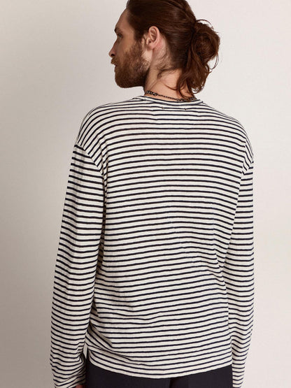 Men's T-shirt with white and blue stripes and embroidery on the front - Golden Goose Men