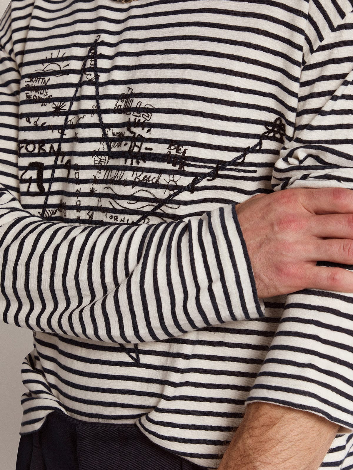 Men's T-shirt with white and blue stripes and embroidery on the front - Golden Goose Men