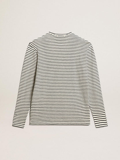 Men's T-shirt with white and blue stripes and embroidery on the front - Golden Goose Men