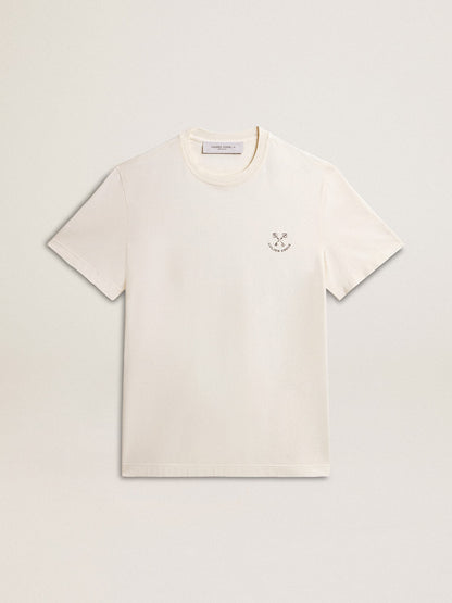 Men's cotton T-shirt in aged white with print on the heart - Golden Goose Men