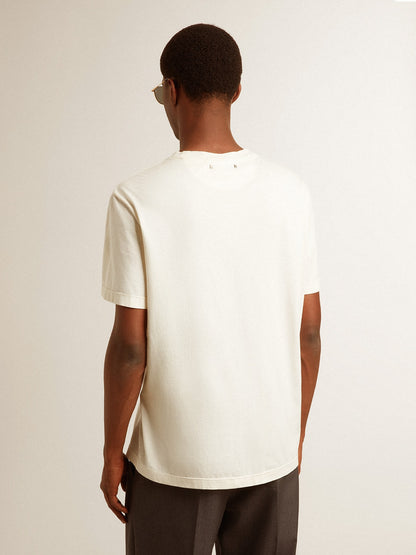 Men's cotton T-shirt in aged white with print on the heart - Golden Goose Men