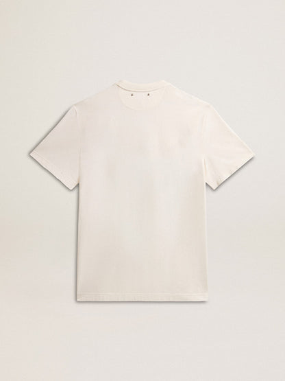 Men's cotton T-shirt in aged white with print on the heart - Golden Goose Men
