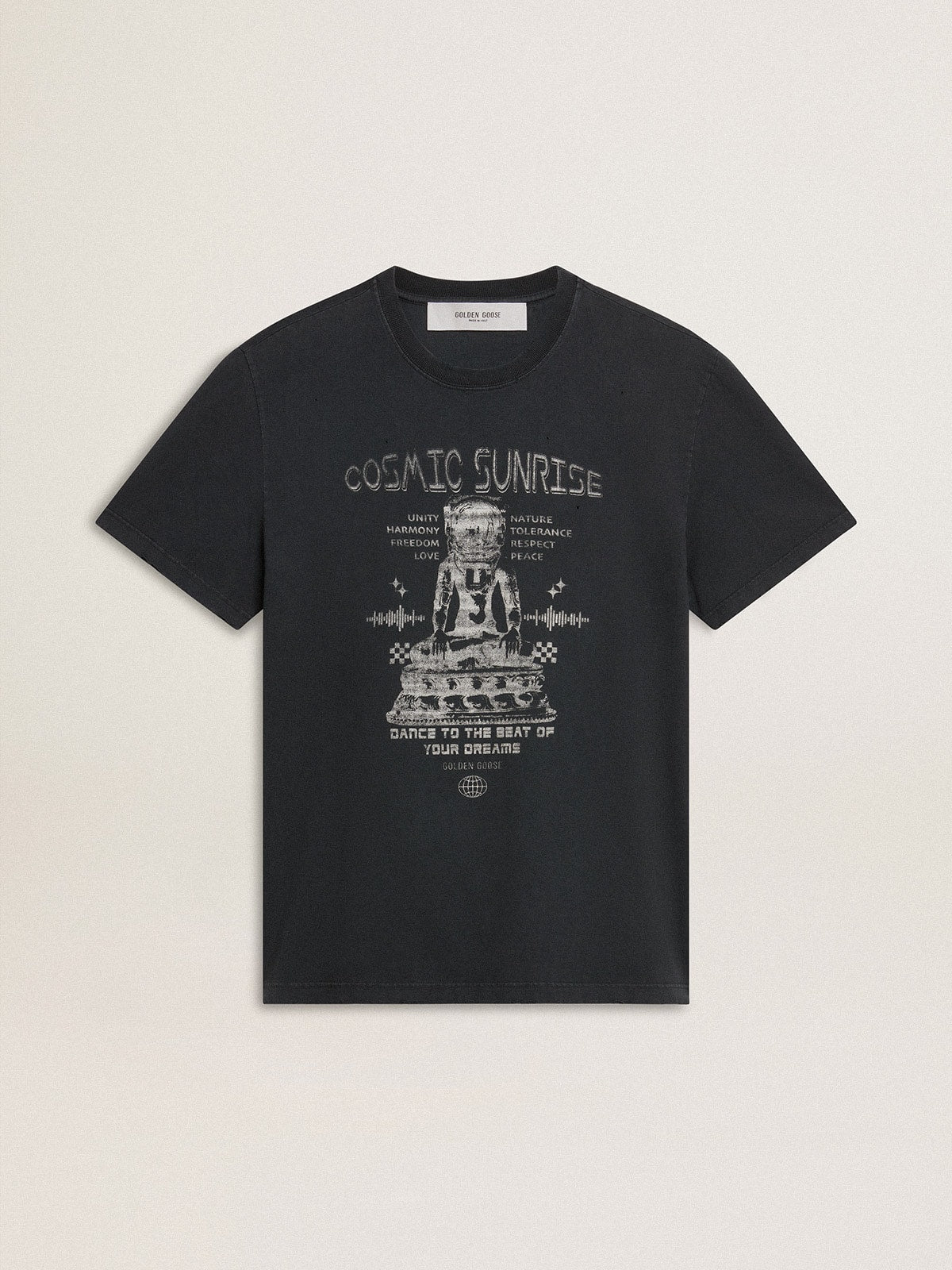 Men’s worn-black cotton T-shirt with print on the front - Golden Goose Men
