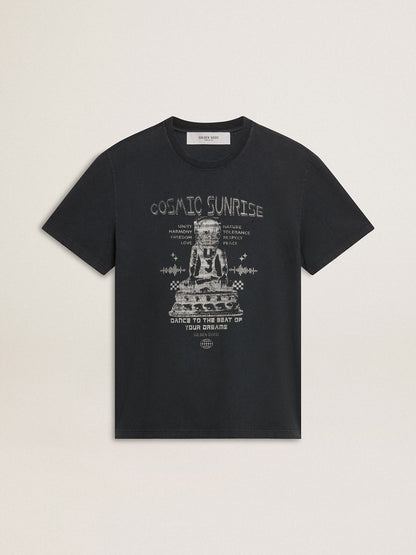 Men’s worn-black cotton T-shirt with print on the front - Golden Goose Men