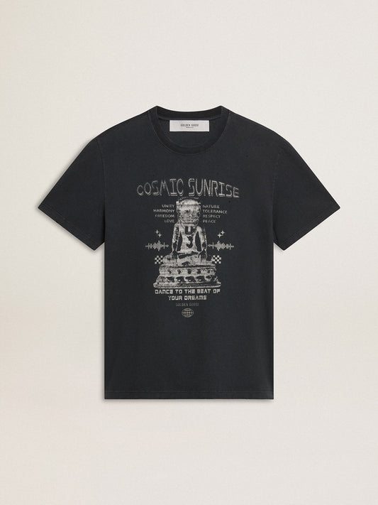 Men’s worn-black cotton T-shirt with print on the front - Golden Goose Men