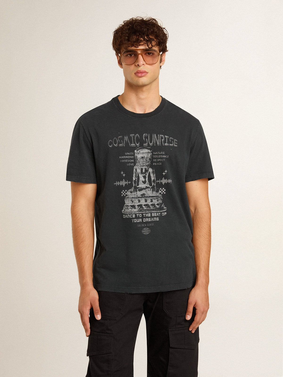 Men’s worn-black cotton T-shirt with print on the front - Golden Goose Men